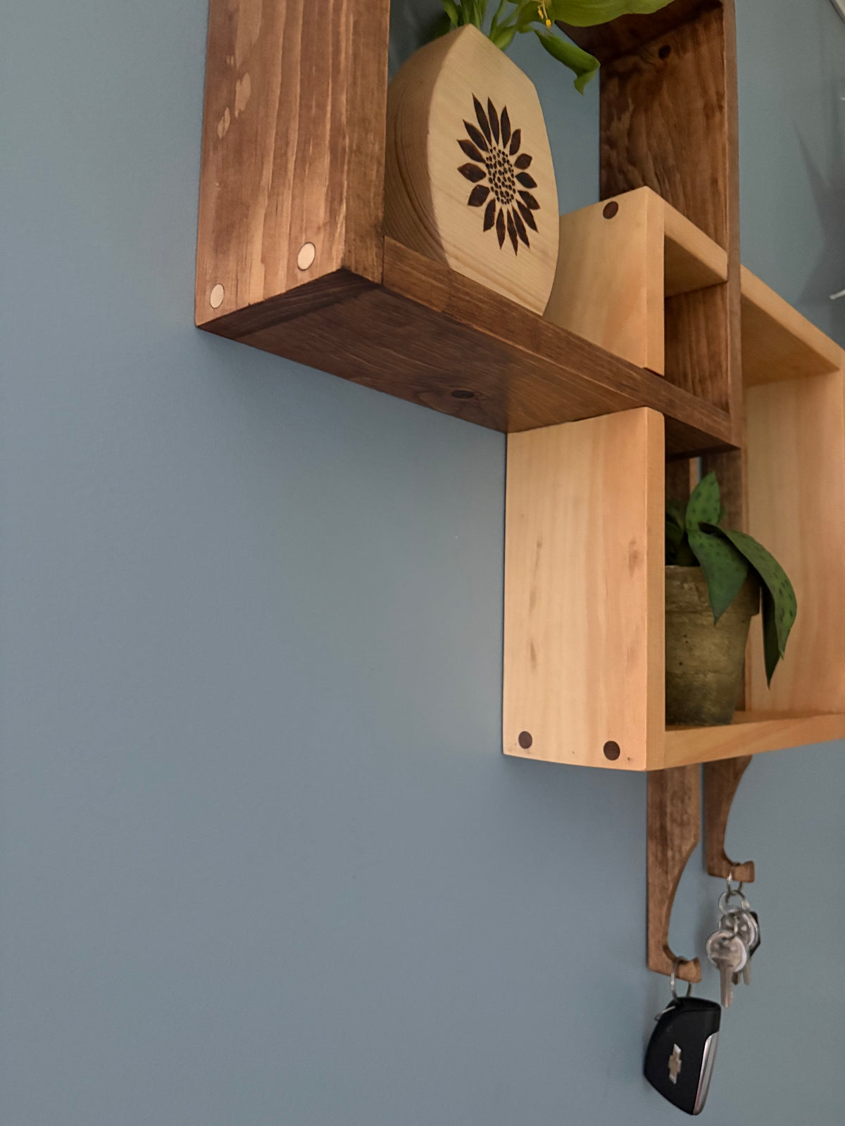 Two Tone Pine Shelf with Wooden Hooks