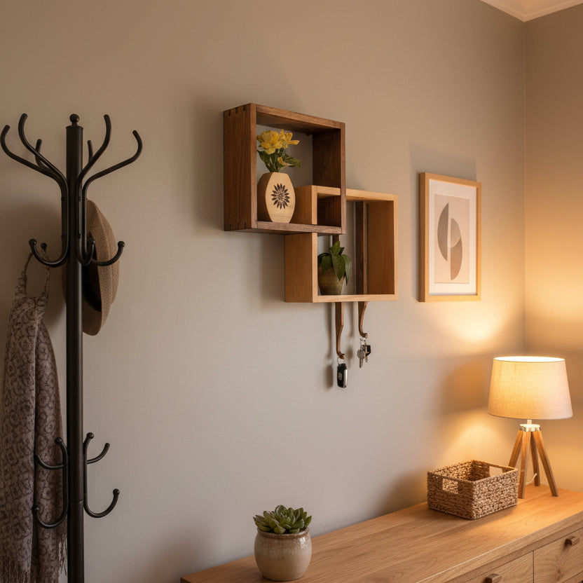 Two Tone Pine Shelf with Wooden Hooks