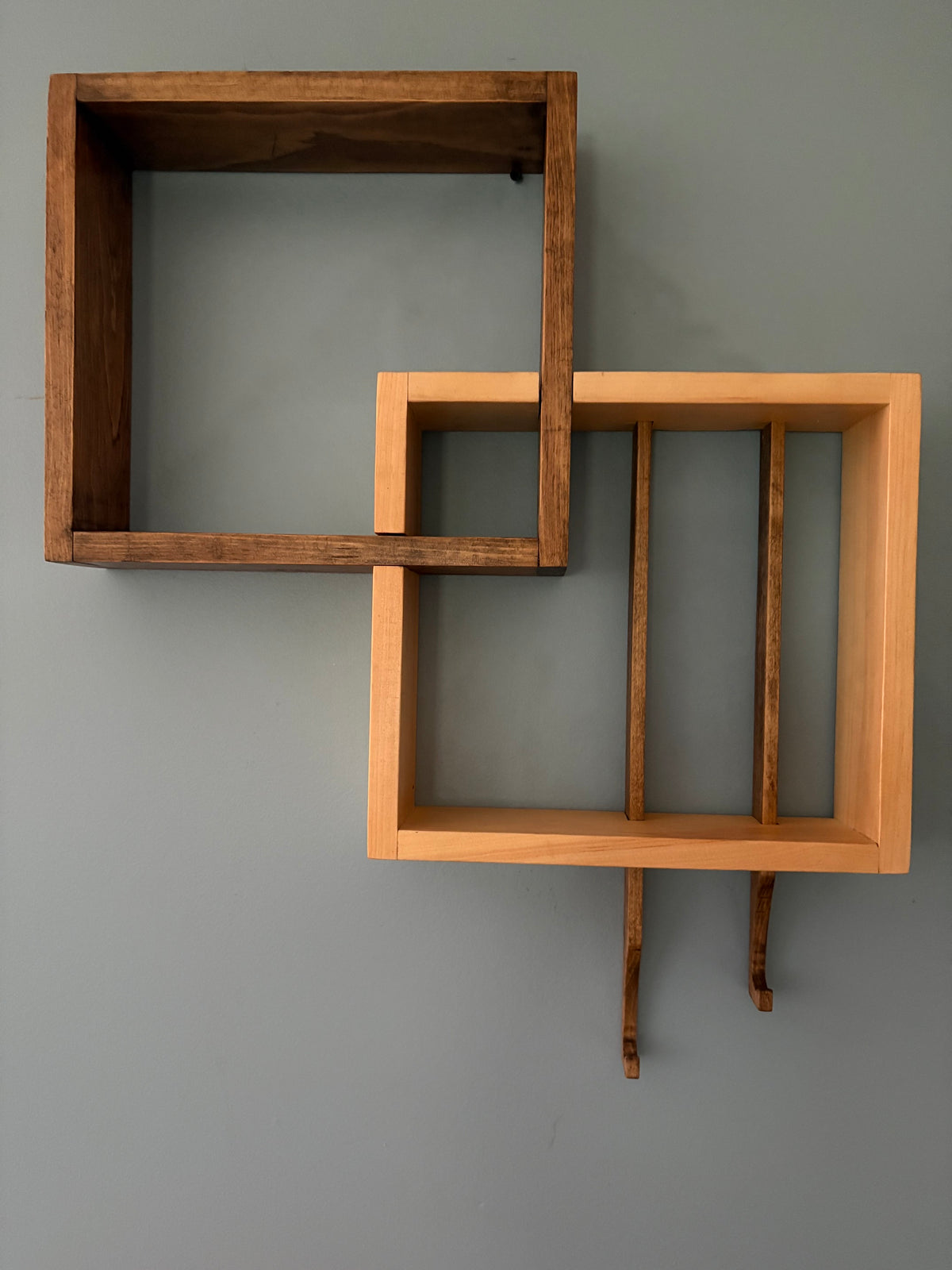 Two Tone Pine Shelf with Wooden Hooks