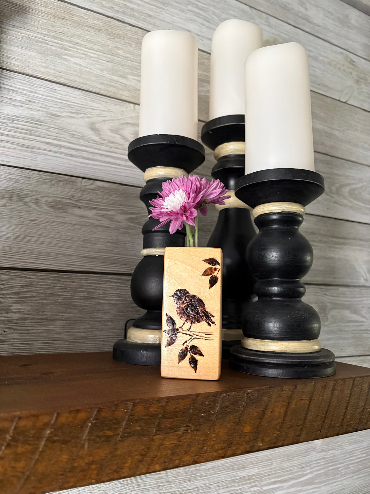 Hand-Burned Botanical & Wildlife Pine Bud Vases