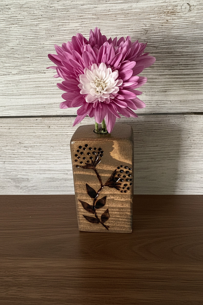 Floral Hand-Burned Pine Bud Vases