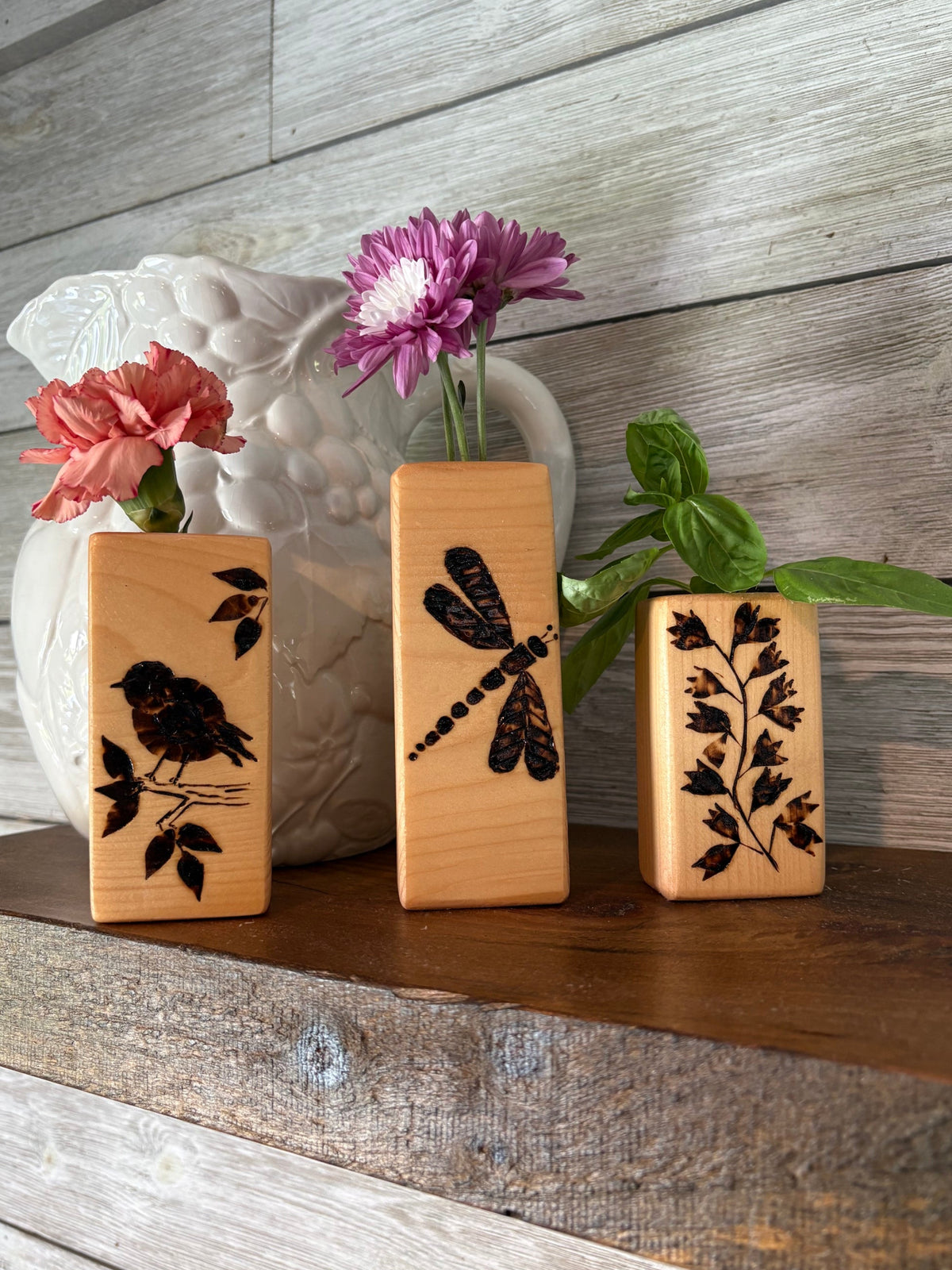Hand-Burned Botanical & Wildlife Pine Bud Vases