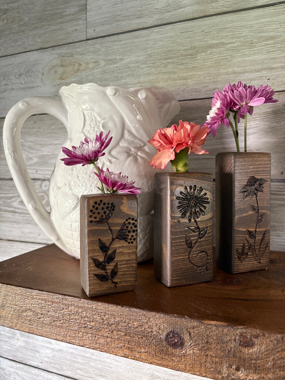 Floral Hand-Burned Pine Bud Vases