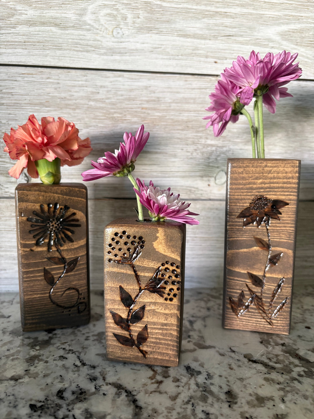 Floral Hand-Burned Pine Bud Vases