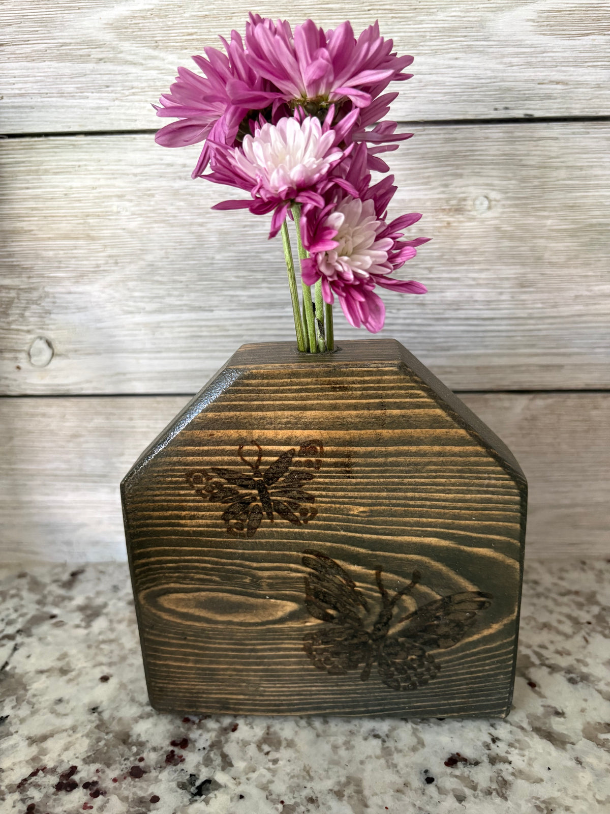 Butterfly Stenciled Wooden House Bud Vase